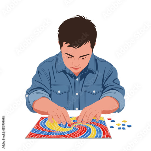 Boy Concentrating on Mosaic Tile Art Project Doing Crafts