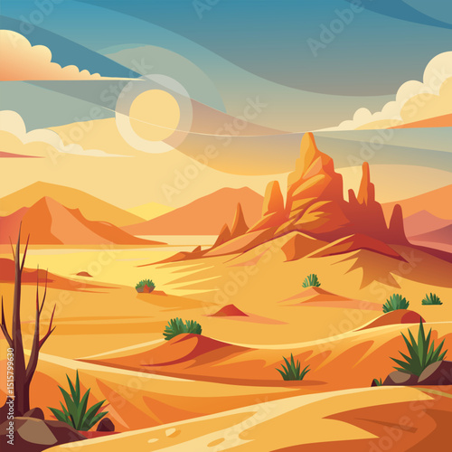 Majestic Desert Landscape at Sunset. Sand Dunes. Rocks. and Plants