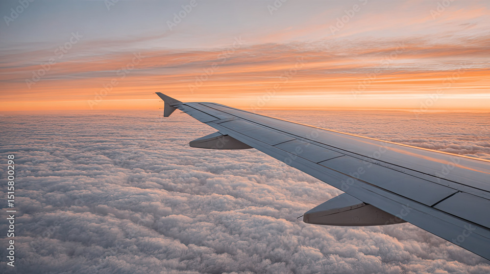 Obraz premium Airplane wing above clouds during colorful sunset sky