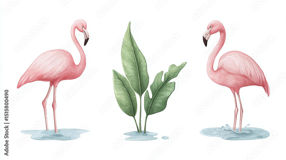 Obraz premium Pink Flamingos and Tropical Leaves
