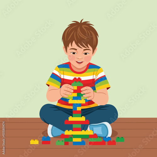 Boy Building Tower with Colorful Toy Blocks on Wooden Floor