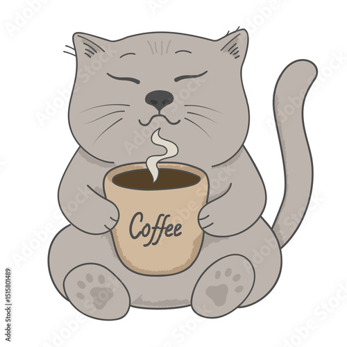 Cute sleepy cartoon cat with coffee cup, cozy gray kitten illustration