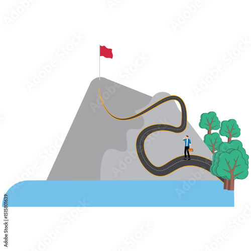 Challenge and the goal,businessman looking for a way to his goal planning to reach the success flag on top of the mountain leadership