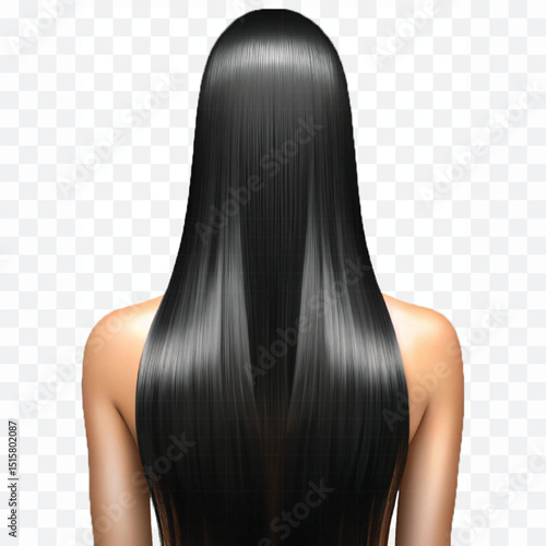 realistic glossy woman's long, straight, black hair style isolated on transparent background.