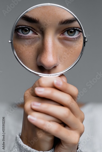 Woman looking through magnifying glass	