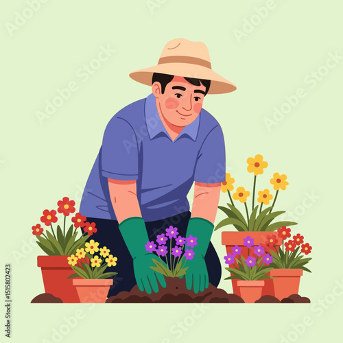 Man Gardening and Planting Colorful Flowers in Pots with Soil