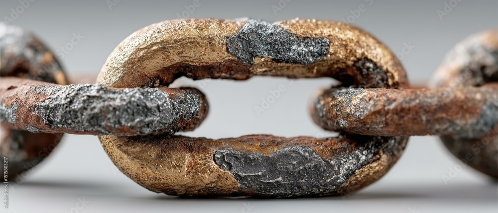 Extreme close-up of a rusty chain link showing detailed corrosion and flaked metal textures Extreme close-up of a rusty chain link showing detailed corrosion and flaked metal textures