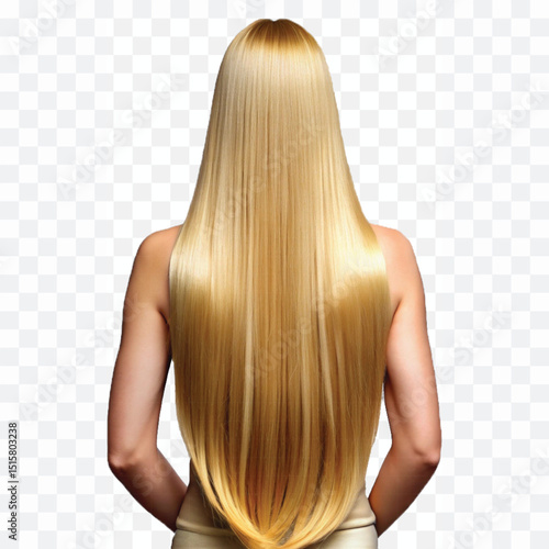realistic back view woman with long shine golden or brown color straight hair isolated on transparent background.