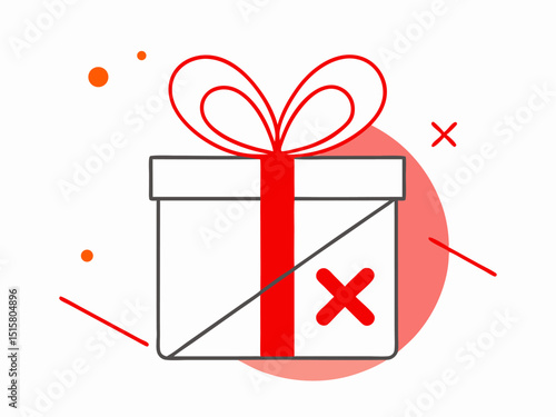 A red gift box with a ribbon and a red X on it, symbolizing a rejected or unavailable gift, with decorative elements around it.