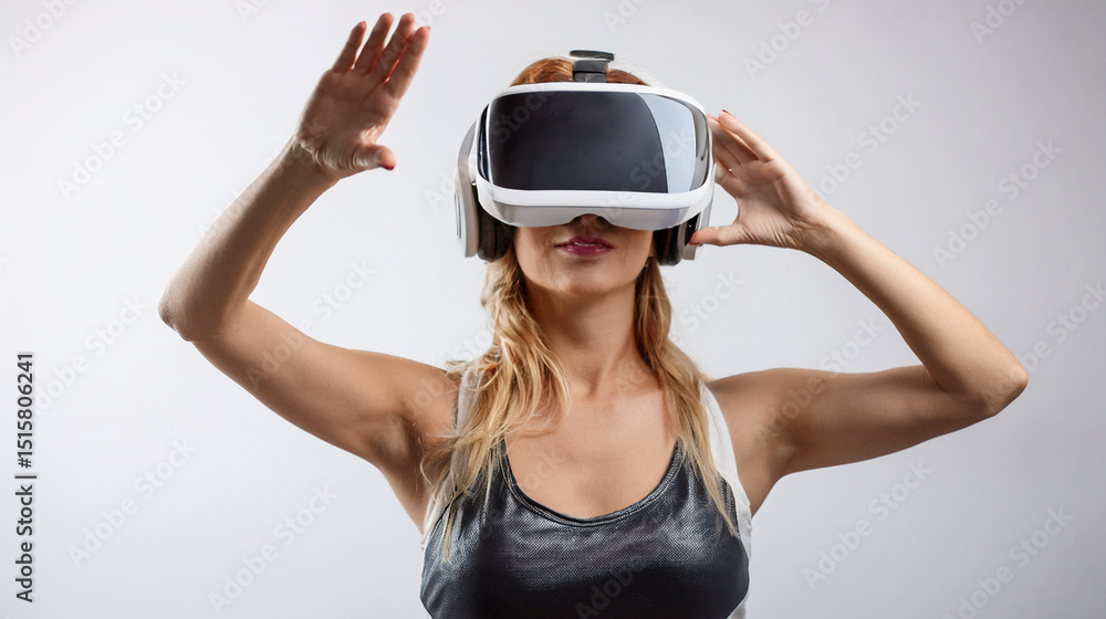 Naklejka premium VR headset, virtual reality headset, person wearing VR headset, woman wearing VR headset, virtual reality goggles, VR gaming, VR experience, VR technology, using VR ,trying VR, VR1982