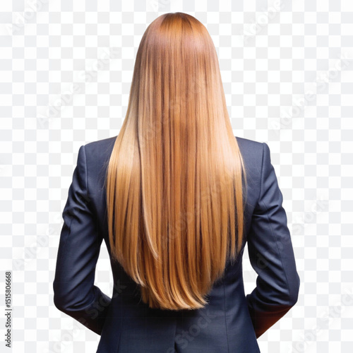realistic back view woman with long shine golden or brown color straight hair isolated on transparent background.