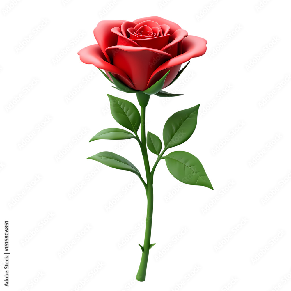 A single red rose with green stem and leaves isolated in full bloom and detail isolated on transparent background A single red rose with green stem and leaves isolated in full bloom and detail isolated on transparent background
