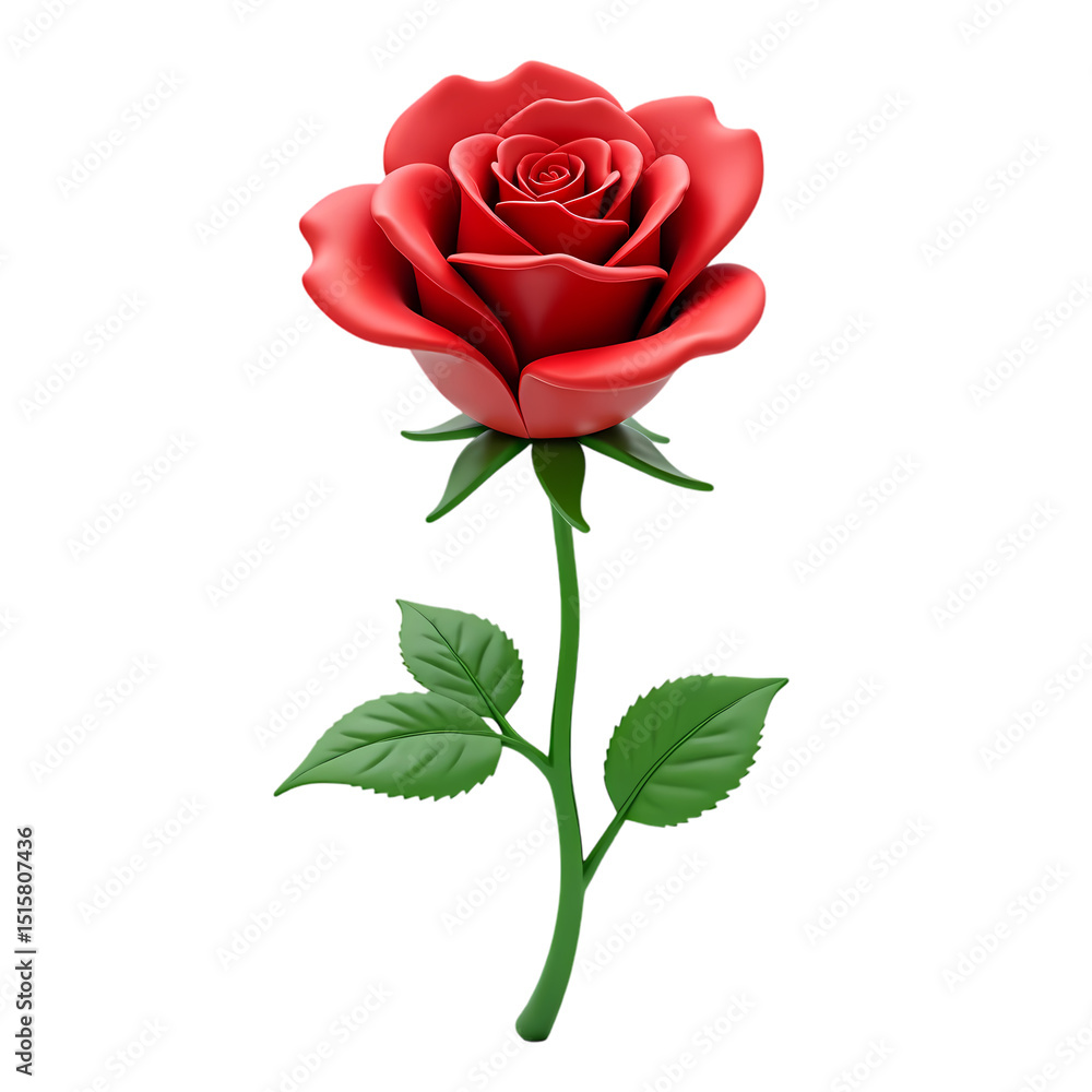 Fototapeta premium A single red rose with green stem and leaves isolated in full bloom view isolated on transparent background
