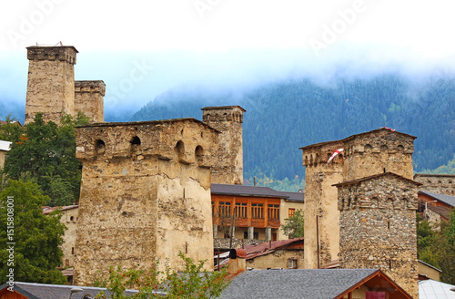 Group of Ancient Svan Tower-houses in the Mist, Incredible UNESCO World Heritage Site in Mestia, Svaneti Region of Georgia