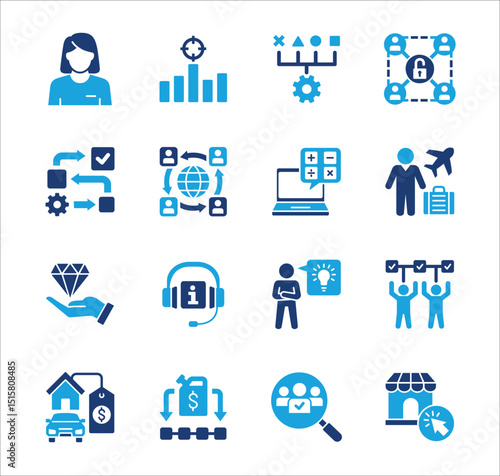 Business company Icon set. Management icon set. Contains symbol of teamwork, data, asset, stock, resource, employee, businessman, target, finance, holiday, meeting, progress. Vector illustration