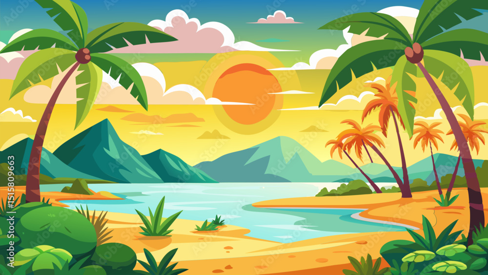 Obraz premium Sunset over Tropical Beach. Palm Trees. Ocean. and Mountains