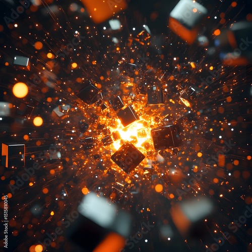 Abstract explosion of geometric shapes in a dark space.