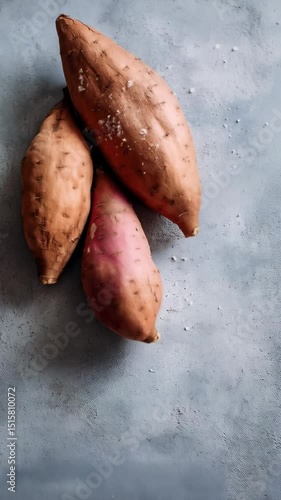 Overhead shot of three raw sweet potatoes with edible salt crystals on a textured blue surface for food photography.