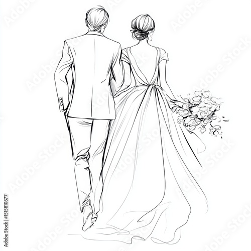 Wedding couple walking hand in hand sketch	