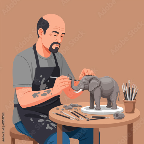 Man Sculpting Elephant Figurine with Tools at Wooden Table Indoors
