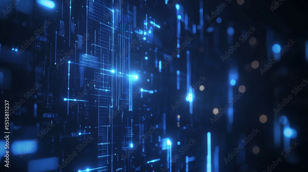 Fototapeta premium Abstract blue technology design with glowing fiber optic lines and light spots creates a futuristic digital texture for internet and data concepts