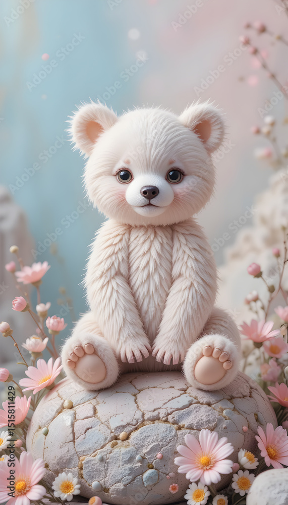 Fototapeta premium Cute Baby Bear Sitting Peacefully Among Wildflowers
