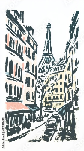 Artistic sketch of Eiffel Tower street scene	