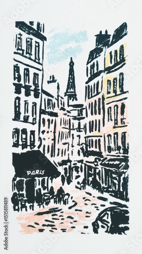 Artistic sketch of Eiffel Tower street scene	