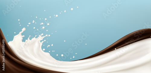 Chocolate with milk splash wave, liquid swirl with drops on blue background. Brown and white dairy product flow, creamy cocoa drink. Food advertising or packaging design element. 3d sweet beverage.