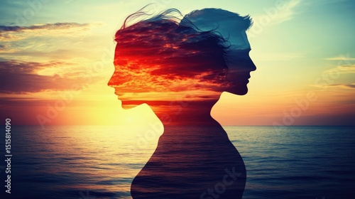 Silhouette of two people facing away from each other at sunset.