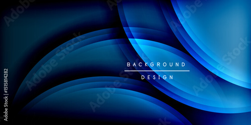 Dark blue abstract waves create flowing background. Modern design features subtle gradients, smooth curves, elegant aesthetic.