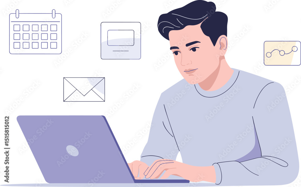 Focused Professional Using Laptop: Managing Tasks, Emails, Scheduling, and Analyzing Data for Enhanced Productivity and Effective Workflow – Illustration for Digital Work Solutions Focused Professional Using Laptop: Managing Tasks, Emails, Scheduling, and Analyzing Data for Enhanced Productivity and Effective Workflow – Illustration for Digital Work Solutions