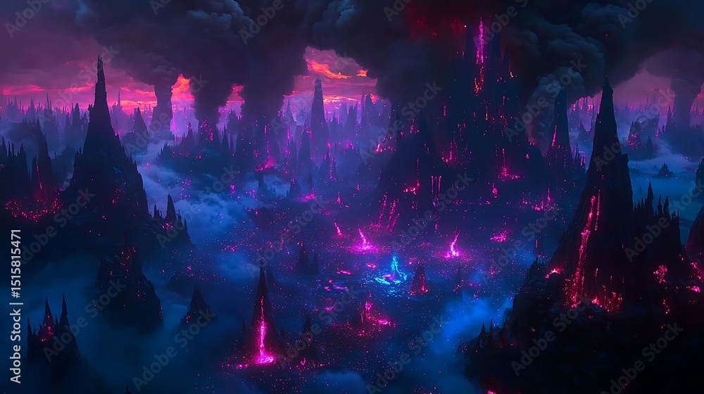 Fototapeta premium Glowing sparks dotting a dark volcanic landscape with dense smoke clouds swirling overhead, eerie lighting highlighting volcanic formations