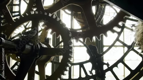 Intricate Clockwork Gears Silhouetted Against Bright Window Light Bird Nests Among Moving Cogs