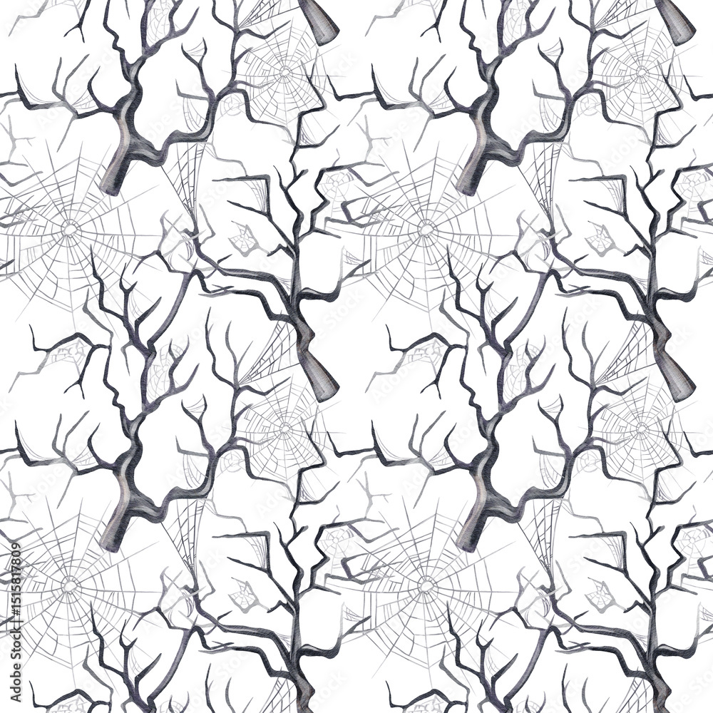 Seamless pattern with a scary forest. Curved branches in the web. Big and small web. Watercolor illustration isolated from the background. Hand drawn. Gothic vintage style. For fabric, textile. Seamless pattern with a scary forest. Curved branches in the web. Big and small web. Watercolor illustration isolated from the background. Hand drawn. Gothic vintage style. For fabric, textile.