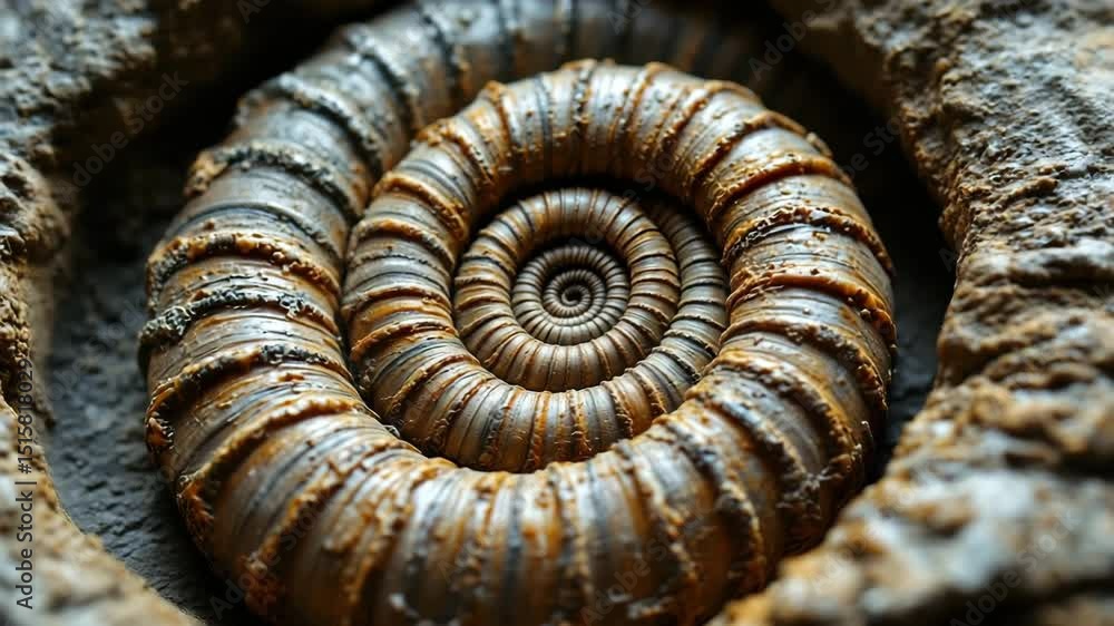 Extreme close-up of a fossilized ammonite coiled within weathered stone Extreme close-up of a fossilized ammonite coiled within weathered stone