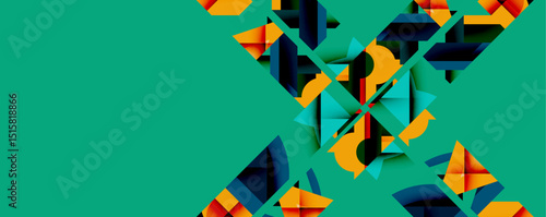 Abstract geometric shapes overlap, creating dynamic visual texture. Teal background contrasts with orange, blue elements. Modern design.