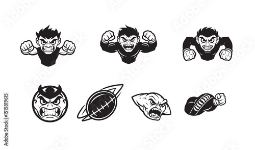 Aggressive mascot and sports ball emblems collection illustrating football and rugby themes