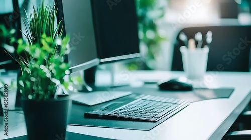 High-performance desktop workstation setup modern office digital workspace sleek environment focused viewpoint productivity concept