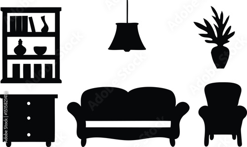 Vector silhouette set of living room furniture including sofa, armchair, hanging light, bookshelf, cabinet, and potted plant – ideal for home decor, interior design, and real estate graphics