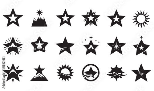 Collection of stylish star and mountain icons for branding and design elements in monochrome