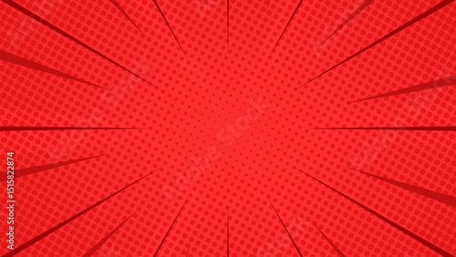 Red halftone comic background with radial fast lines. Vector illustration. Suitable for comics, presentations, posters, etc.