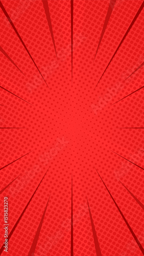 Red halftone comic vertical background with radial fast lines. Vector illustration. Suitable for comics, presentations, posters, etc.