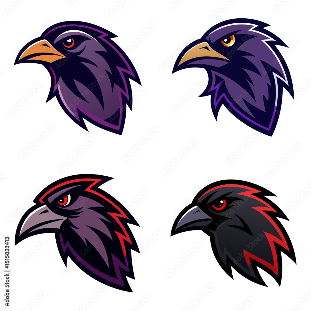 Fototapeta premium Illustration showing four stylized raven heads with varying color schemes and sharp features design