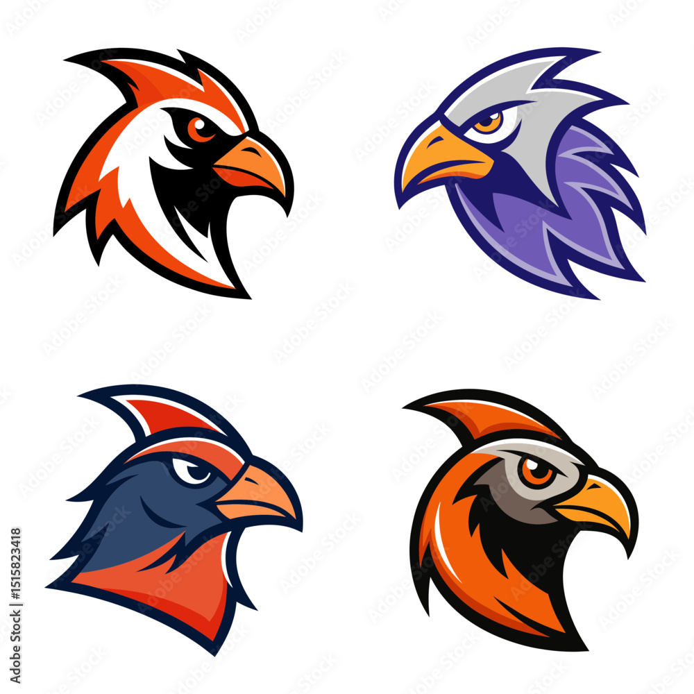 Fototapeta premium Collection of four stylized eagle head logos in various colors and design variations displayed on white background