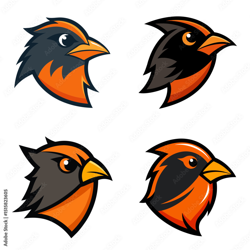 Fototapeta premium Four stylized bird heads with orange and black plumage displayed in a square arrangement design