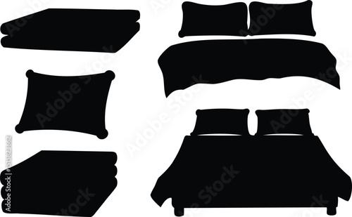 Vector silhouette of bedroom furniture including beds, pillows, and folded blankets – minimal black icon set for interior design themes, home decor, furniture infographics, and apps

