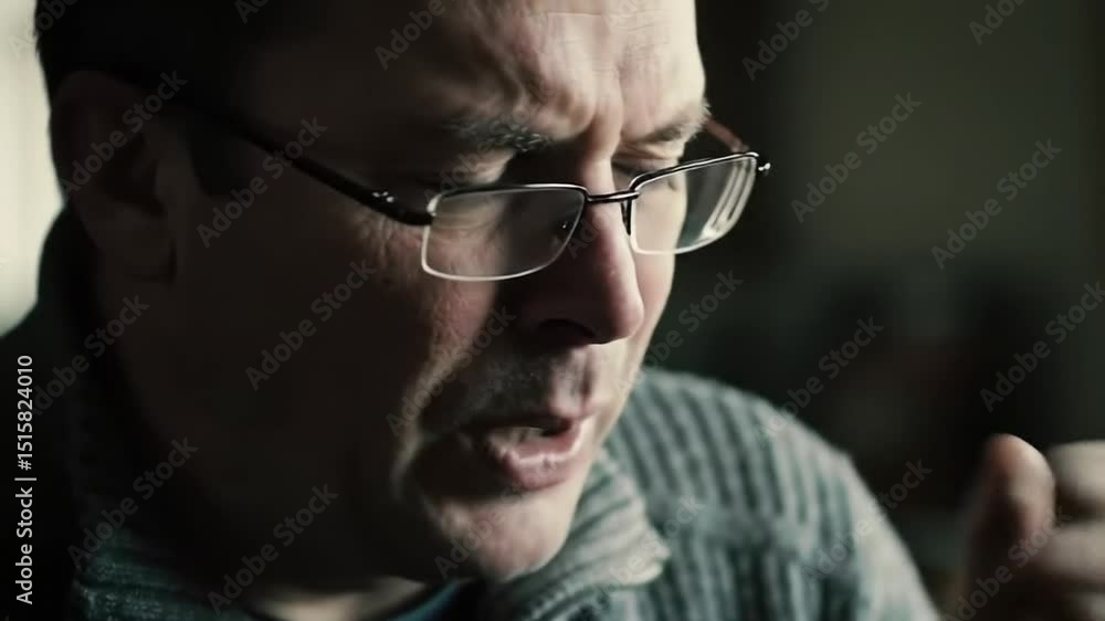 Coughing man with cold, coughing into hand, wearing glasses Coughing man with cold, coughing into hand, wearing glasses