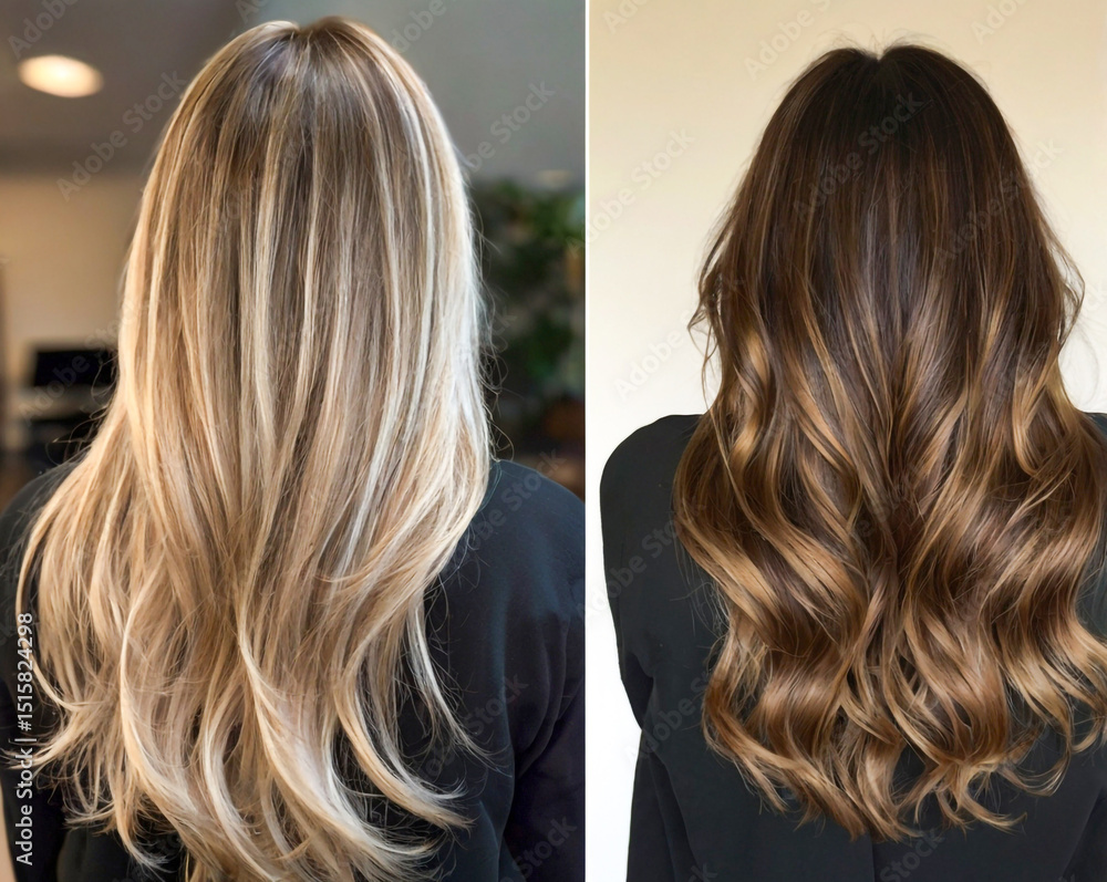Fototapeta premium Blonde and brown balayage long hair styles