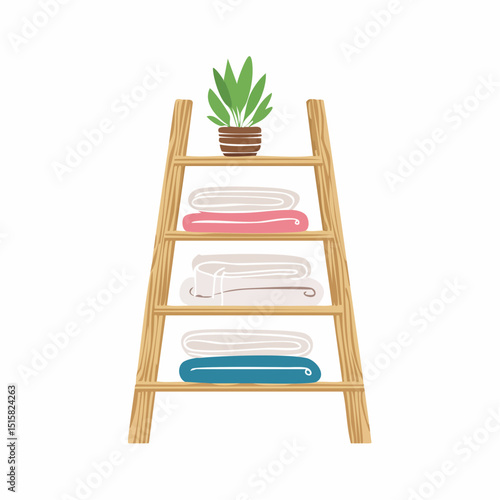A simple wooden ladder shelf with towels and a hanging plant